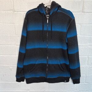NSS Fleece Fuzzy Cotton Black and Blue Striped Zip Up Hoodie sz L